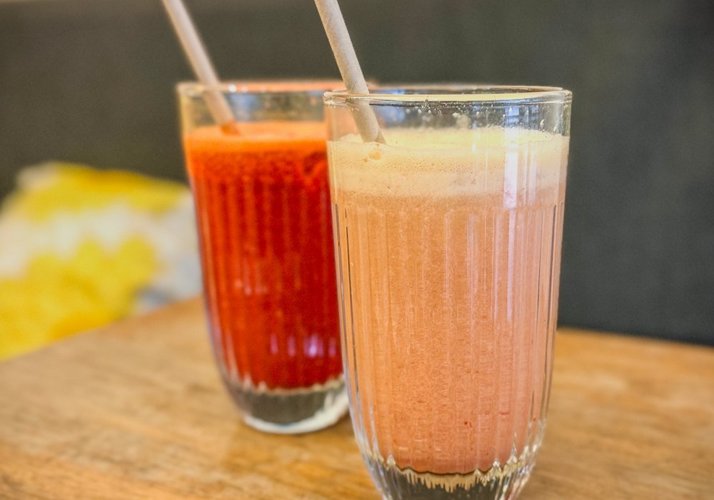 Two fresh fruit smoothies